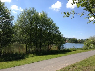 Ein malerischer See mit grünem Ufer, Bäumen und einem blauen Himmel im Hintergrund.