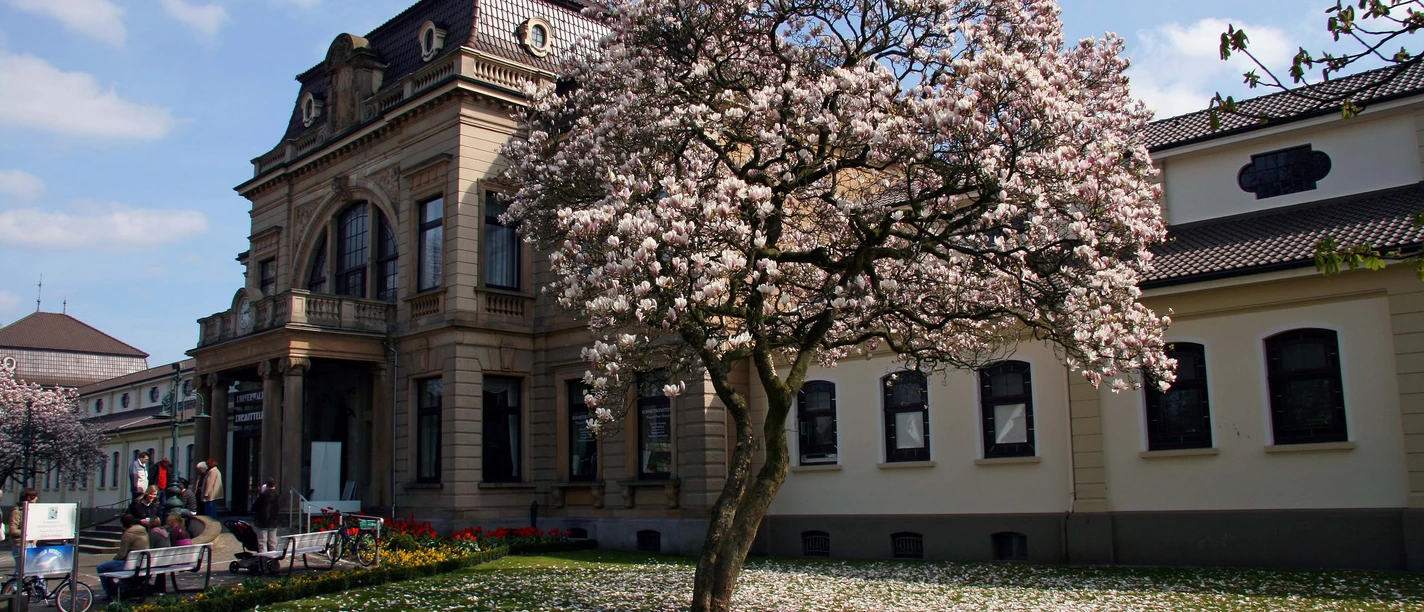 Kurmittelhaus im Frühling Kurmittelhaus Bad Rothenfelde mit blühendem Magnolienbaum im Vordergrund, umgeben von gepflegtem Rasen.