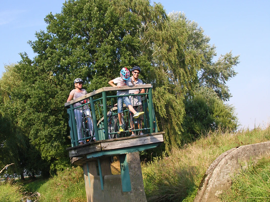 Drei Radfahrer auf einer Plattform über einem kleinen Bach, umgeben von grüner Natur.
