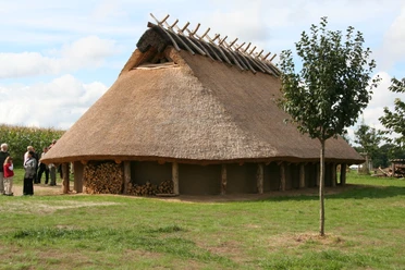 Das Eisenzeithaus in Ostercappeln-Venne Historisches Langhaus mit Reetdach auf einer Wiese, umgeben von Natur und Besuchern.