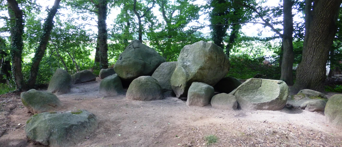 Großsteingrab aus massiven Findlingen im Wald, umgeben von Laubbäumen und sandigem Boden.
