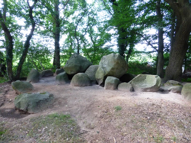 14e_gro-steingrab-am-osteresch-c-hanna-brunsen-2b Großsteingrab aus massiven Findlingen im Wald, umgeben von Laubbäumen und sandigem Boden.