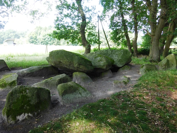Großsteingräber bei den Düvelskuhlen Großsteingrab aus moosbewachsenen Findlingen unter alten Bäumen im Naturpark Hümmling.