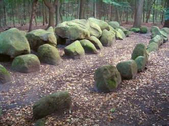 Großsteingrab Lähden-Nord Große moosbewachsene Steine eines prähistorischen Grabes liegen zwischen Bäumen im Wald.