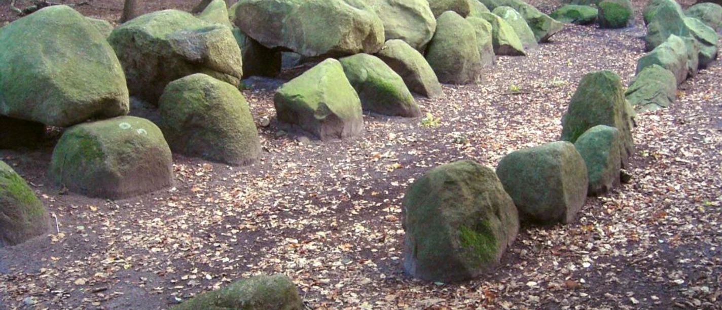 Großsteingrab Lähden-Nord Große moosbewachsene Steine eines prähistorischen Grabes liegen zwischen Bäumen im Wald.