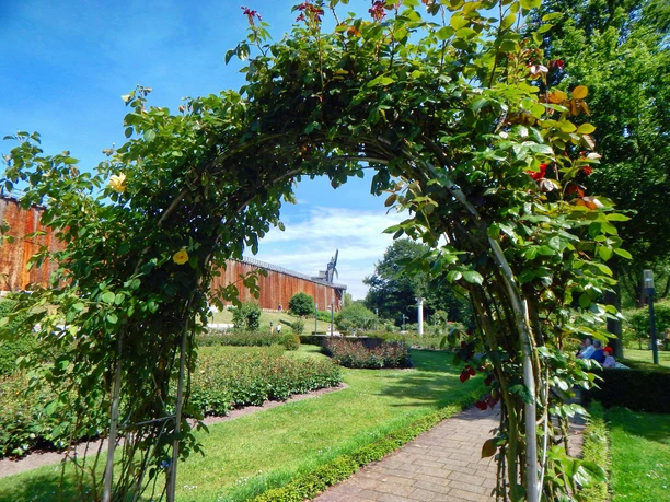 Der Rudi-Wernemann-Rosengarten in Bad Rothenfelde Rosenbogen in einem gepflegten Garten mit sattem Grün und blauem Himmel im Hintergrund.