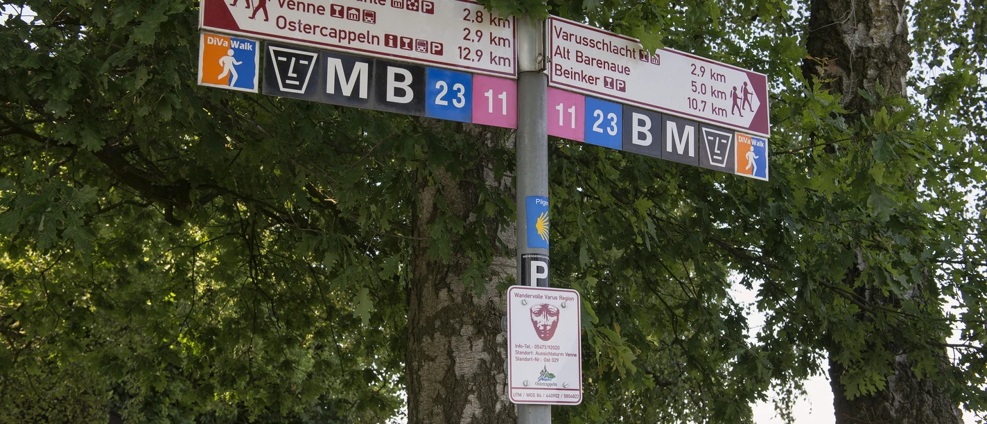 Wegweiser Wanderwege am Venner Aussichtsturm im Osnabrücker Land