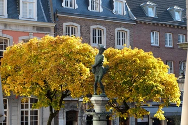 Hühnerdieb Vor einem herbstlichen Baum mit gelben Blättern steht eine Statue von einem kleinen Jungen mit einem Huhn auf dem Arm auf einem sonnigen Platz