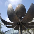 Metallskulptur in Form einer geöffneten Blüte, deren große Blütenblätter in den klaren Himmel ragen, umgeben von modernen Gebäudefassaden.