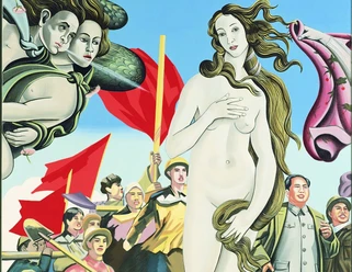 Venus Ludwig Forum Ein Gemälde der Venus mit wehendem langem Haar, umgeben von roten Fahnen und mehreren Personen im Pop-Art-Stil.