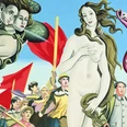 Venus Ludwig Forum Ein Gemälde der Venus mit wehendem langem Haar, umgeben von roten Fahnen und mehreren Personen im Pop-Art-Stil.