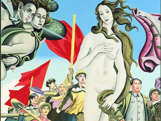 Venus Ludwig Forum Ein Gemälde der Venus mit wehendem langem Haar, umgeben von roten Fahnen und mehreren Personen im Pop-Art-Stil.