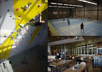 Foto-Collage aus drei Bildern von der Kletterhalle, Badmintonfeldern und einem Bistro.