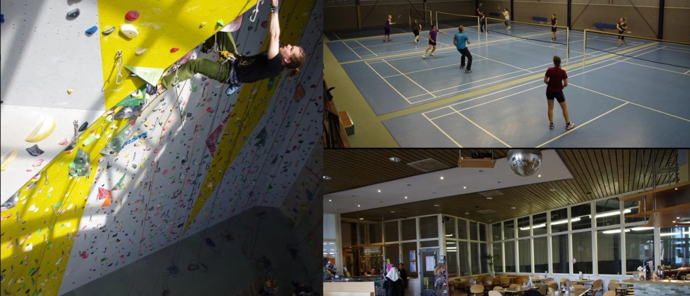 Foto-Collage aus drei Bildern von der Kletterhalle, Badmintonfeldern und einem Bistro.