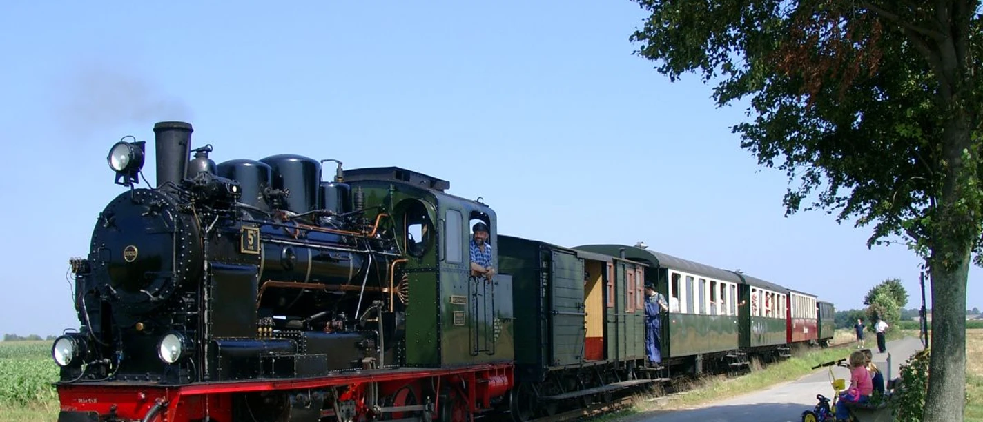 Eine alte Dampflok zieht historische Waggons über einspurige Schienen durch eine grüne Landschaft.