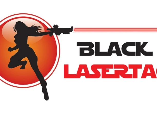 Black LaserTag Aachen Logo von Black LaserTag Aachen mit der Silhouette einer Person mit Laserwaffe vor einem roten Hintergrund.