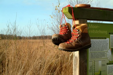 Aschendorfer Moorpfad Wanderstiefel mit roten Schnürsenkeln hängen an einem Schild vor trockener Moorlandschaft im Sonnenlicht.
