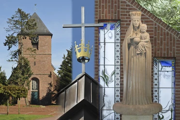 Gebetsstätte Heede Backsteinkirche mit Turm, Metallkreuz mit Krone und Marienstatue vor farbigen Glasfenstern.