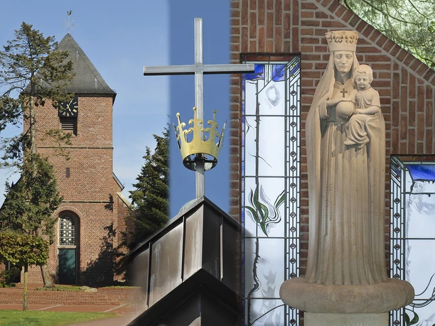 Gebetsstätte Heede Backsteinkirche mit Turm, Metallkreuz mit Krone und Marienstatue vor farbigen Glasfenstern.