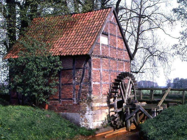 Hesemannsche Wassermühle Historische Fachwerkmühle mit hölzernem Wasserrad an einem kleinen Bach, umgeben von Bäumen.