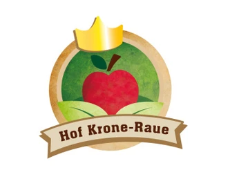 Hof Krone-Rause Logo mit rotem Apfel, goldener Krone und grünem Hintergrund, darunter Schriftzug Hof Krone-Raue