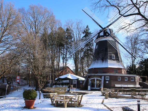 Höltingmühle Historische Windmühle mit verschneitem Dach und Cafébereich im winterlichen Park in Meppen