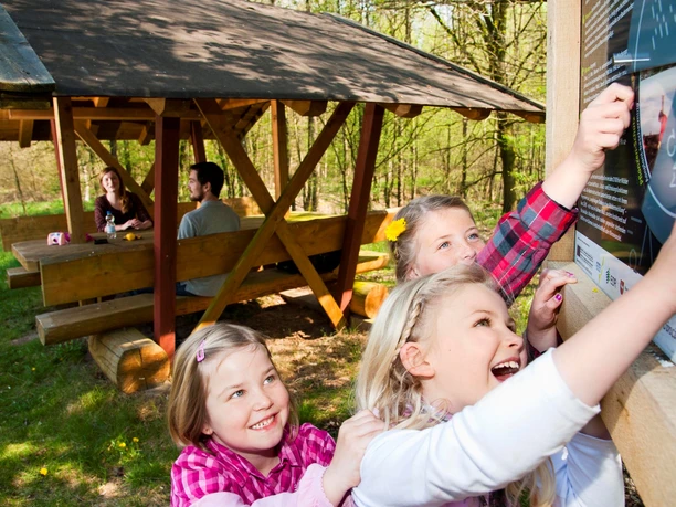 Löwenzahnentdeckertouren Fullener Wald Kinder entdecken fröhlich eine Mitmachtafel im Wald, während Erwachsene an einem Picknickplatz sitzen.