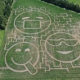 Maislabyrinth Meutstege Luftaufnahme eines Maisfelds mit großen Irrgangmustern in Form von drei lächelnden Emoji-Gesichtern