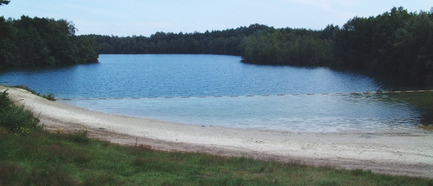 Schlagbrückener See Sandstrand mit flach abfallendem Ufer am klaren Schlagbrückener See, umgeben von dichtem Wald.