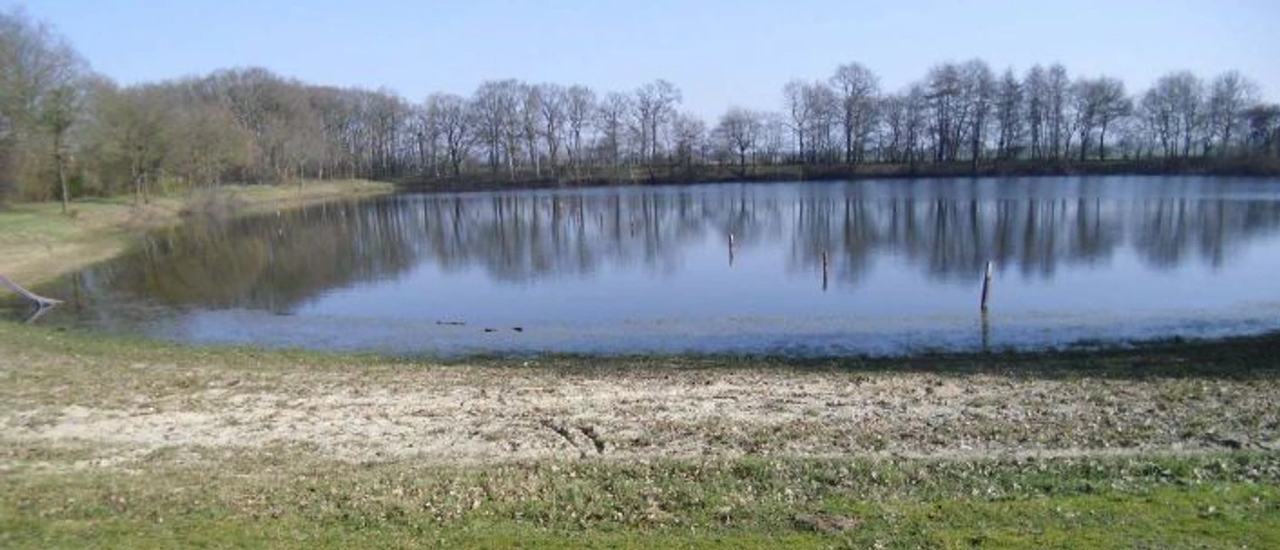 Naturbad an der Borsumer Straße Kleiner Badesee mit Sandufer, klarer Wasserfläche und Bäumen im Hintergrund unter blauem Himmel.