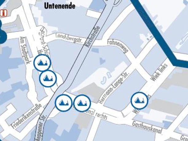 Schifffahrts-Freilicht-Museum Ausschnitt einer Stadtkarte von Papenburg mit markierten Standorten des Schifffahrts-Freilicht-Museums