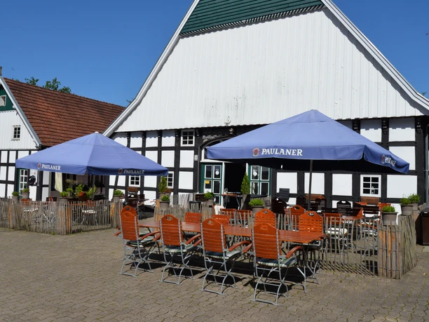 Zwei blaue Paulaner-Sonnenschirme beschatten Holztische und -stühle auf einem gepflasterten Hof.