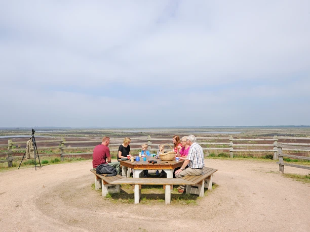 inp_fotofranz_dalum-wietmarscher-moor43 Menschen sitzen an einem Rundtisch auf einem Aussichtshügel mit Blick über das weite Moorgebiet.