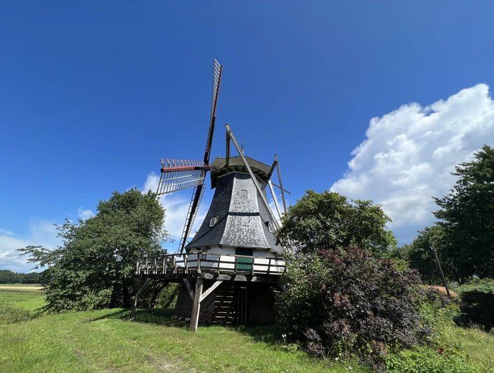 Schmomühle Historische Mühle mit Holzschindeldach und rot-weißen Flügeln, umgeben von Bäumen und blauem Himmel.