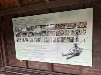 Skulptur in sitzender Position vor einer Infotafel mit zahlreichen kleinen Bildern und Textinhalten.