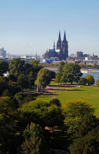 Rheinpark Das Bild zeigt den Kölner Rheinpark mit seiner weitläufigen Grünfläche. Im Hintergrund erheben sich majestätisch der Kölner Dom und die Altstadt, flankiert von der Hohenzollernbrücke. Bäume und Büsche säumen die Wiesen.The picture shows Cologne's Rhine Park with its extensive green space. Cologne Cathedral and the old town rise majestically in the background, flanked by the Hohenzollern Bridge. Trees and bushes line the meadows.