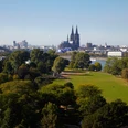 Rhine Park Das Bild zeigt den Kölner Rheinpark mit seiner weitläufigen Grünfläche. Im Hintergrund erheben sich majestätisch der Kölner Dom und die Altstadt, flankiert von der Hohenzollernbrücke. Bäume und Büsche säumen die Wiesen.The picture shows Cologne's Rhine Park with its extensive green space. Cologne Cathedral and the old town rise majestically in the background, flanked by the Hohenzollern Bridge. Trees and bushes line the meadows.