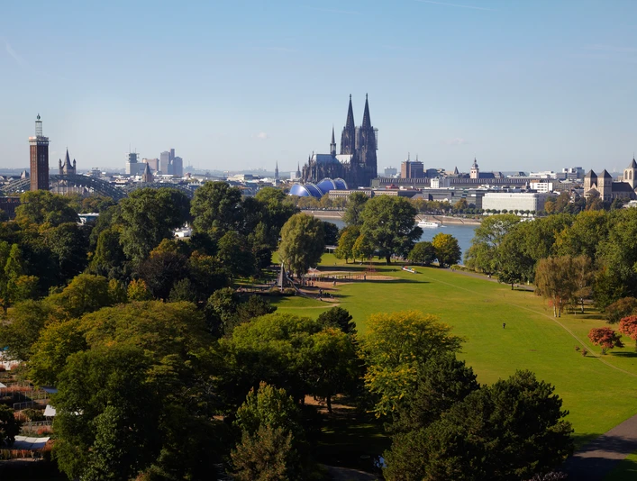 Rhine Park Das Bild zeigt den Kölner Rheinpark mit seiner weitläufigen Grünfläche. Im Hintergrund erheben sich majestätisch der Kölner Dom und die Altstadt, flankiert von der Hohenzollernbrücke. Bäume und Büsche säumen die Wiesen.The picture shows Cologne's Rhine Park with its extensive green space. Cologne Cathedral and the old town rise majestically in the background, flanked by the Hohenzollern Bridge. Trees and bushes line the meadows.