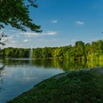 Stadtwald Blick auf einen ruhigen Waldsee im Kölner Stadtwald. Dunkelgrünes Laub spiegelt sich im Wasser.View of a quiet forest lake in Cologne's city forest. Dark green leaves are reflected in the water.