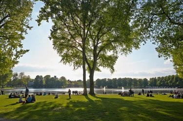 Aachener Weiher Menschen entspannen im Grünen am Aachener Weiher in Köln, unter schattigen Bäumen am Wasser.