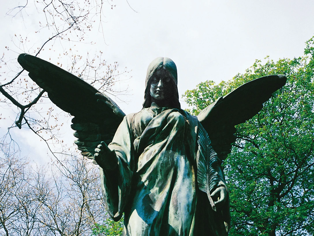 Melaten Friedhof Die majestätische Statue eines Engels mit weit geöffneten Flügeln erhebt sich erhaben vor einem Hintergrund aus blühendem Frühlingslaub und einem klaren Himmel.The majestic statue of an angel with wide-open wings rises majestically against a backdrop of blossoming spring foliage and a clear sky.