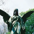 Melaten Friedhof Die majestätische Statue eines Engels mit weit geöffneten Flügeln erhebt sich erhaben vor einem Hintergrund aus blühendem Frühlingslaub und einem klaren Himmel.The majestic statue of an angel with wide-open wings rises majestically against a backdrop of blossoming spring foliage and a clear sky.