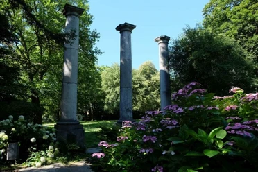 Hohe, steinerne Säulen, die in einem Garten stehen, umgeben von grünem Laubwerk und blühenden Hortensien, welche in kräftigem Violett leuchten. Der Himmel darüber ist klar und blau.