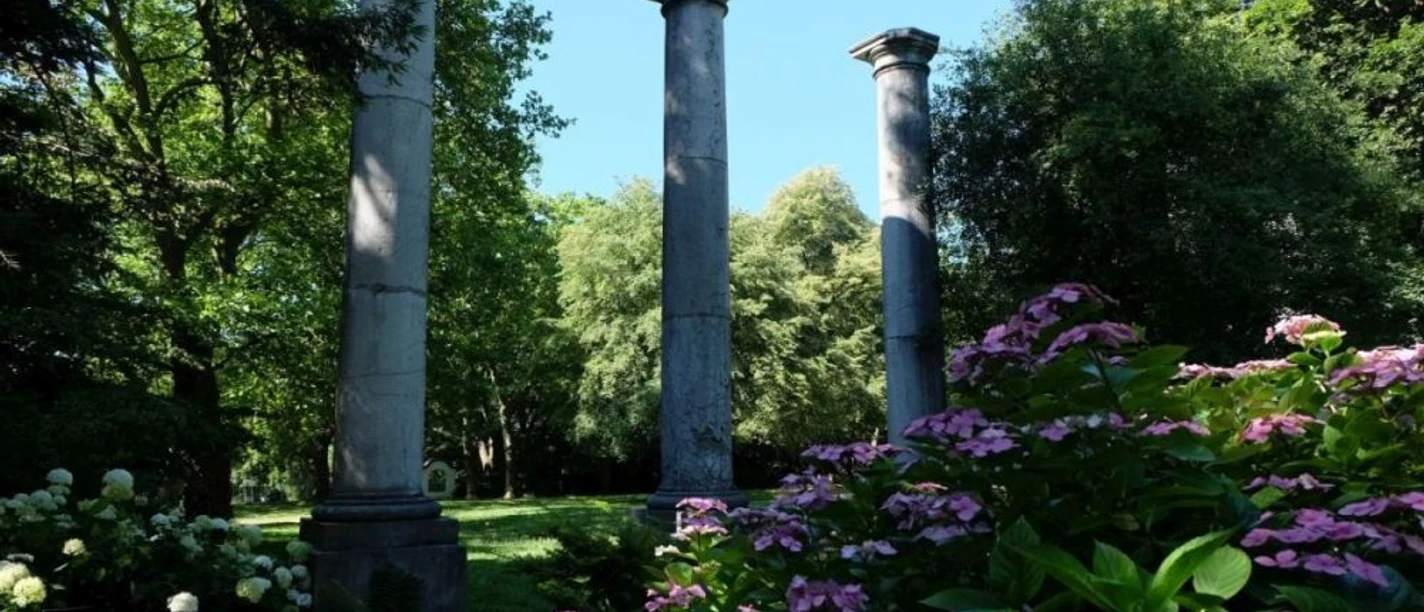 Hohe, steinerne Säulen, die in einem Garten stehen, umgeben von grünem Laubwerk und blühenden Hortensien, welche in kräftigem Violett leuchten. Der Himmel darüber ist klar und blau.