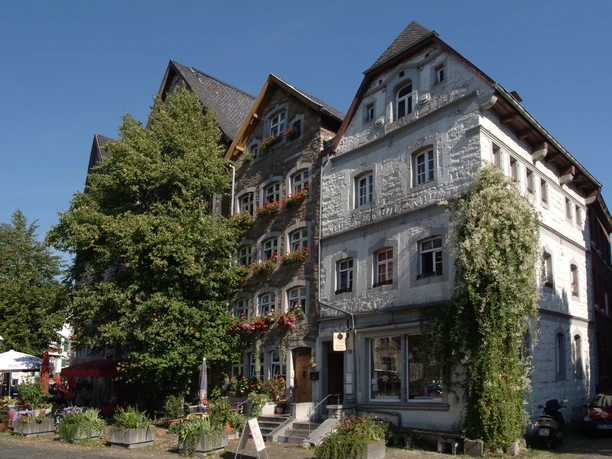 Historische Steinhäuser mit Blumenkästen an den Fenstern im Sonnenlicht.