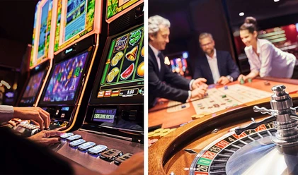 Spielbank mit modernen Automaten und einem eleganten Roulettetisch.