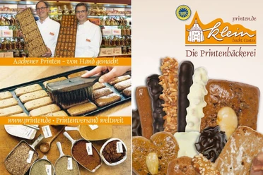 Collage aus mehreren Fotos der Printenbäckerei Klein, das die Zutaten, Herstellung und die fertigen Produkte zeigt.
