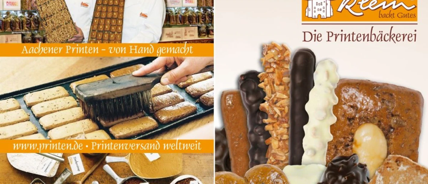 Collage aus mehreren Fotos der Printenbäckerei Klein, das die Zutaten, Herstellung und die fertigen Produkte zeigt.
