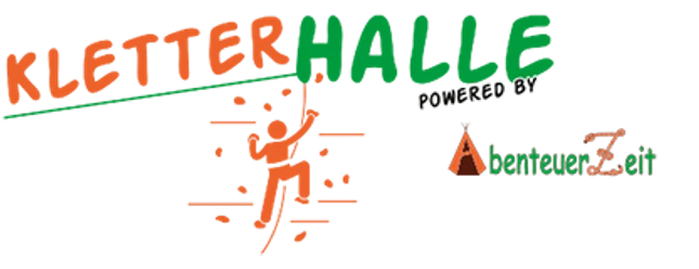 Kletterhalle Abenteuerzeit Logo der Kletterhalle Abenteuerzeit mit kletternder Figur in Orange und grün-orangem Schriftzug.