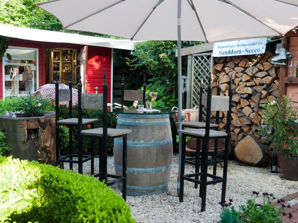 Holztisch aus Weinfass mit hohen Stühlen im Hofgarten, umgeben von Pflanzen und Holzlager.